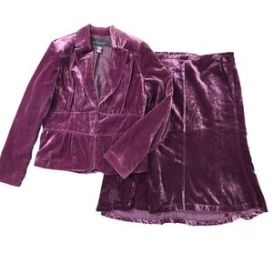Apostrophe Velvet Skirt Suit Set Women 12 Purple Blazer & Midi Skirt Office Wear